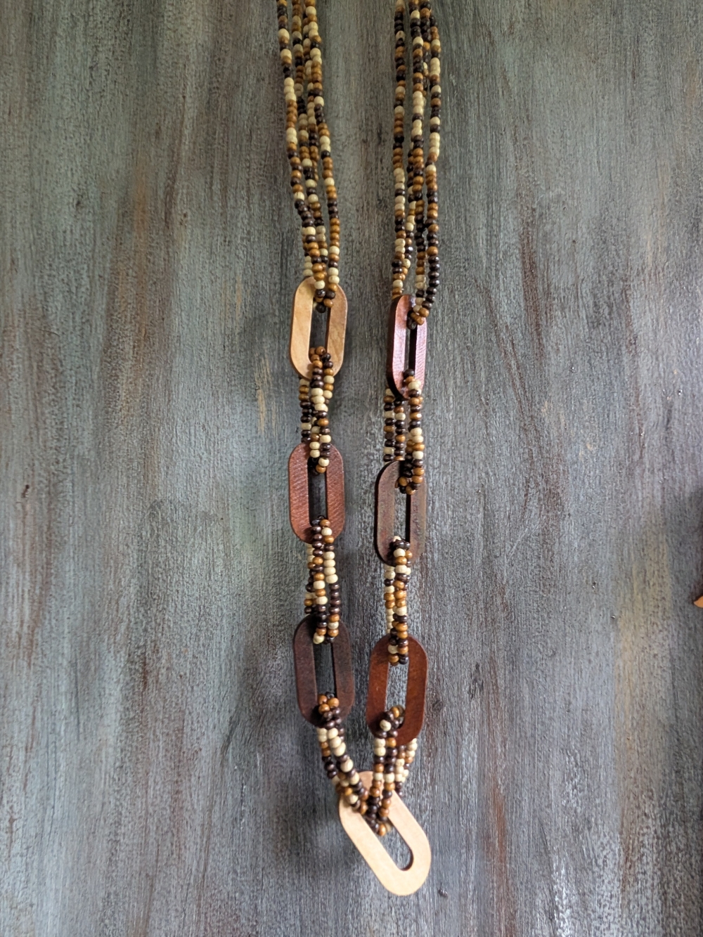 Handcrafted Brown Bead and Wood Link Long Necklace